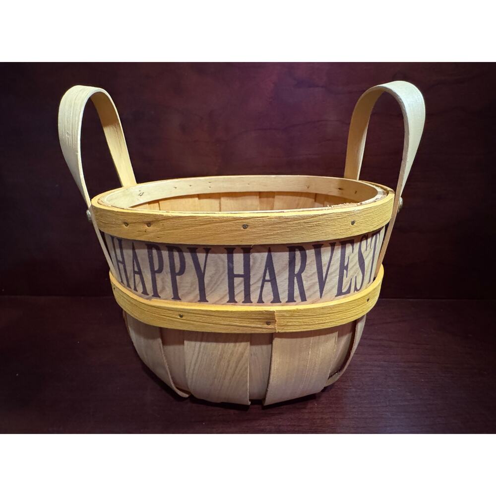 Wooden Happy Harvest Basket Fall Decoration 6" Tall 6.5" Diameter